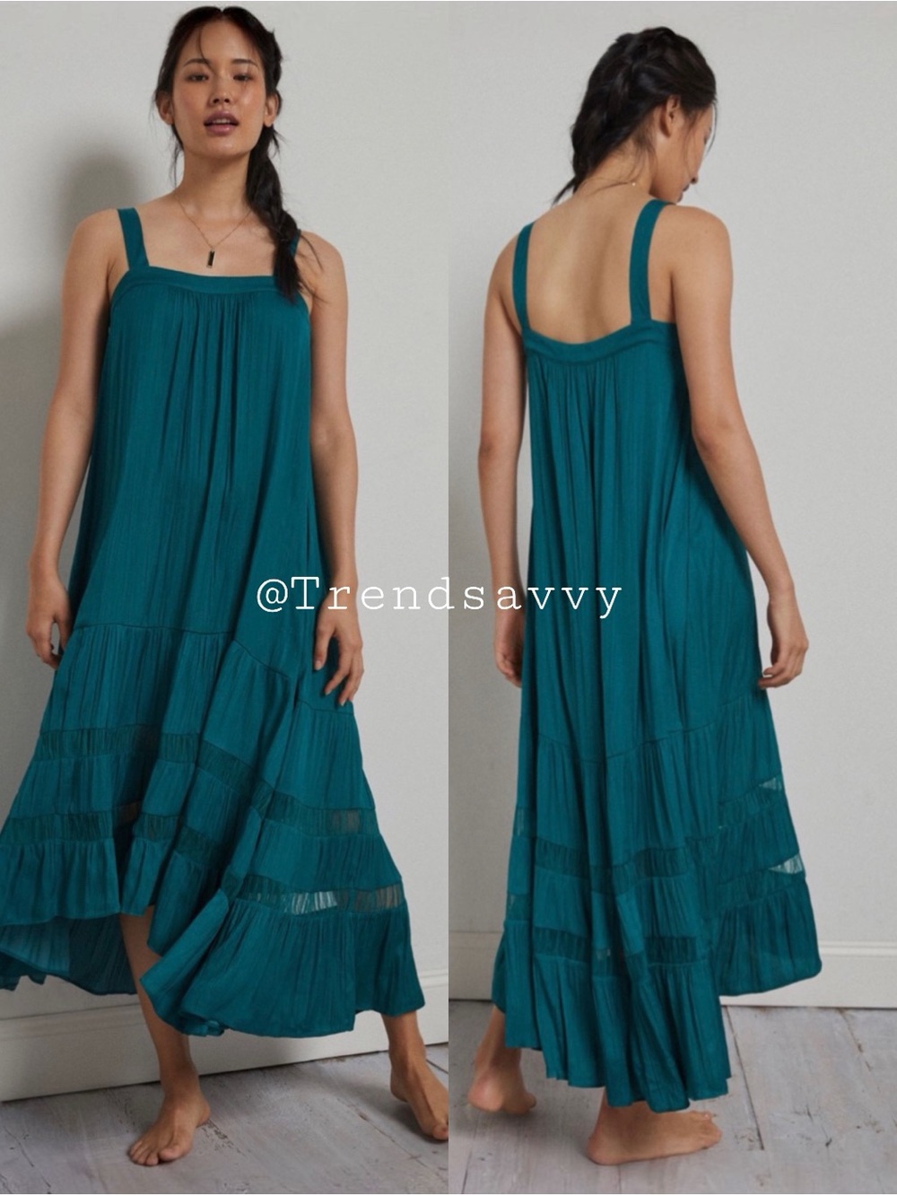 Anthropologie Teal Tiered Midi Dress Square Neck Boho Flowy XS NWT Summer